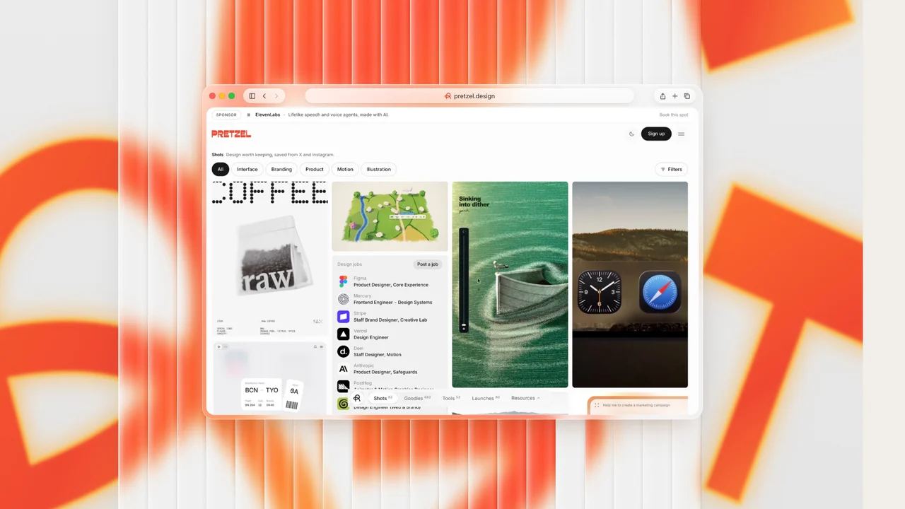 A glass Safari window in front of fluted glass and orange Pretzel letterforms, with the Pretzel home page building itself piece by piece